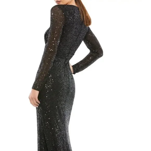 Mac Duggal Black Sequin Long Sleeve Sequin Faux Wrap Gown
